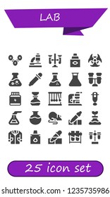 Vector icons pack of 25 filled lab icons. Simple modern icons about  - Molecule, Microscope, Test tubes, Eye dropper, Biohazard, Flask, Test tube, Protein, Momentum, Dropper, Rat, Eyedropper