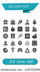 Vector icons pack of 25 filled decoration icons. Simple modern icons about  - Indian, Cake, Torch, Penguin, Gift, Fire, Pillow, Shield, Wardrobe, Sparkler, d, Mango, Cupcake, Fern, Leaf