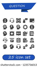 Vector icons pack of 25 filled question icons. Simple modern icons about  - Information, Support, Supporter, Info, Mind, Lifebuoy, Help, Clipboard, Customer support, Customer service