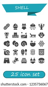 Vector icons pack of 25 filled shell icons. Simple modern icons about  - Peanut, Egg, Swimsuit, Jellyfish, Lobster, Sand castle, Beach, Seashell, Boiled egg, Shell, Coconut water, Caviar