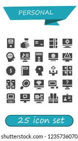 Vector icons pack of 25 filled personal icons. Simple modern icons about  - Computer, WASHING HANDS, Cheque, Notebook, Head, Badge, Motivation, Lockers, Hand mirror, Personal computer, Old computer