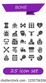 Vector icons pack of 25 filled bone icons. Simple modern icons about  - Bone, Dog, Bones, Dried fish, Cancer, Fleas, Leash dog, Skull, Chicken leg, Collar, Chop, Pirate, Veterinarian, Toxic