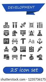 Vector icons pack of 25 filled development icons. Simple modern icons about  - Abc, Test tubes, Startup, Layout, Web design, Online marketing, Strategy, Project, Initiative, Flask, Portfolio