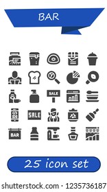 Vector icons pack of 25 filled bar icons. Simple modern icons about  - Bottle, Beer, Gummy, Chocolate, Drink, Reader, Toast, Analytics, Pie graph, Research, Rum, Soap, Sale, Graph, Soup