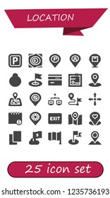 Vector icons pack of 25 filled location icons. Simple modern icons about  - Parking, Maps, Placeholder, Location, Flag, Card, Swimming pool, Location pin, Map, Network, Direction, Directions