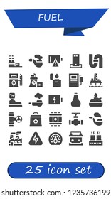 Vector icons pack of 25 filled fuel icons. Simple modern icons about  - Factory, Pipe, Empty battery, Charger, Eco fuel, Nuclear plant, Lighter, Fuel station, Oil pump, Water tank, Battery