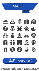 Vector icons pack of 25 filled male icons. Simple modern icons about  - Beret, Martial arts, Urinal, Wushu, Avatar, Yin yang, Surgeon, Girl, Hand, Jumping rope, Burglar, Boots, Bandit, Pants