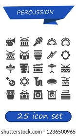 Vector icons pack of 25 filled percussion icons. Simple modern icons about  - Trombone, Drum, Maraca, Tambourine, Conga, Cymbals, Xylophone, Banjo, Gong