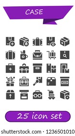 Vector icons pack of 25 filled case icons. Simple modern icons about  - Package, Travel bag, Luggage, Pencil case, Briefcase, Emergency kit, Box, Boxes, Suitcase, Case, Baggage
