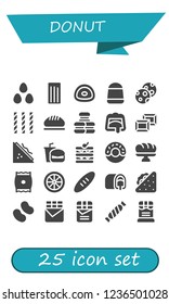 Vector icons pack of 25 filled donut icons. Simple modern icons about  - Candies, Churros, Gummy, Candy, Cookies, Bread, Macaron, Chocolate, Sandwich, Fast food, Waffle, Donut, Baguette