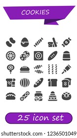 Vector icons pack of 25 filled cookies icons. Simple modern icons about  - Candy, Bread, Cookies, Cannoli, Brownie