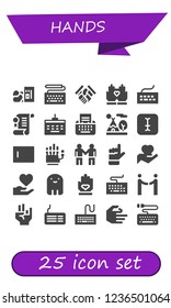 Vector icons pack of 25 filled hands icons. Simple modern icons about  - Homeless, Keyboard, Handshake, Hands, Agreement, Type, Tipi, Typing, Hand, Deal, Ghost