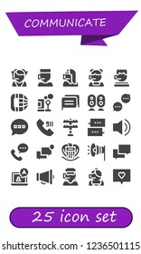 Vector icons pack of 25 filled communicate icons. Simple modern icons about  - Call center, Phone call, Bubbles, Chat, Loudspeaker, Comment, Call, Transmission tower, Audio, Nice, Megaphone