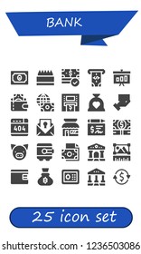 Vector icons pack of 25 filled bank icons. Simple modern icons about  - Money, Store, Atm, Graphic, Wallet, Economy, Budget, Payment method, , Certificate, Cheque, Pig, Safebox, Courthouse