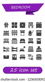 Vector icons pack of 25 filled bedroom icons. Simple modern icons about  - Pijama, Mozy, Pillow, Vanity, Apartments, Bed, Room divider, Nightstand, Snooze, Double bed, Blanket, Single bed