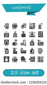 Vector icons pack of 25 filled washing icons. Simple modern icons about  - Glove, Gloves, Bath, Spray bottle, Washing machine, Soap, Bidet, WASHING HANDS, Vacuum cleaner, Cleaning spray
