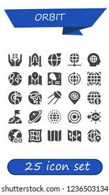 Vector icons pack of 25 filled orbit icons. Simple modern icons about  - Worldwide, Spaceship, World, Earth, Global, Map, Globe, Planet, Planet earth, Sputnik, Earth globe, Solar system
