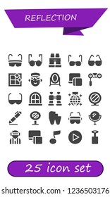 Vector icons pack of 25 filled reflection icons. Simple modern icons about  - Glasses, Binoculars, Clean window, Concierge, Mirror, Responsive, Sun glasses, Window, Mirror ball, Signing