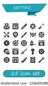 Vector icons pack of 25 filled setting icons. Simple modern icons about  - Settings, Knife, Setting, Fork, Spoon, DJ, Screwdriver, Inbox, Wrench