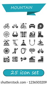 Vector icons pack of 25 filled mountain icons. Simple modern icons about  - Bicycle, Igloo, Gym, Winter, Travel, Ski, Canyon, Boot, Volcano, Chairlift, Peak, Rope, Snowboard, Spoke wheel