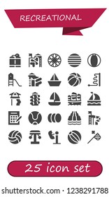 Vector icons pack of 25 filled recreational icons. Simple modern icons about  - Oxygen tank, Slide, Spoke wheel, Ball, Beach ball, Playground, Sailboat, Bingo, Tennis ball, Balls, Volleyball