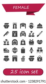 Vector icons pack of 25 filled female icons. Simple modern icons about  - Avatar, Jeans, Bolero, Girl, Bonnet, Comb, Shopping bag, Wig, Couple, Nail file, Clothes, Lips, Shoe, Grandmother