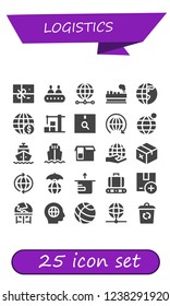Vector icons pack of 25 filled logistics icons. Simple modern icons about  - Package, Conveyor, World, Cargo, Earth globe, Warehouse, Shipping, Cargo ship, Worldwide, Earth, Global, Container