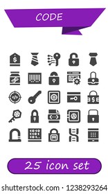Vector icons pack of 25 filled code icons. Simple modern icons about  - Tag, Tie, Electronic key, Unlock, Dna, Barcode, Padlock, Code, Key, Safe box, Css, Lock, Coding, Password