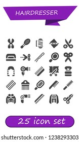 Vector icons pack of 25 filled hairdresser icons. Simple modern icons about  - Scissors, Comb, Barber, Straighten, Nail dryer, Hairpin, Hand mirror, Hairstyle, Hair dryer, Shaving brush