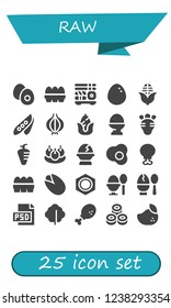 Vector icons pack of 25 filled raw icons. Simple modern icons about  - Boiled egg, Eggs, Sushi, Egg, Corn, Pea, Onion, Radish, Carrot, Bitterballen, Chicken leg, Pistachio, Nut, Psd, Lettuce