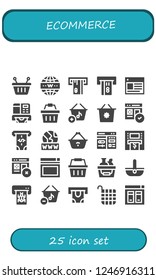 Vector icons pack of 25 filled ecommerce icons. Simple modern icons about  - Basket, Internet, Atm, Web, Shopping basket, Www, Cms, Website
