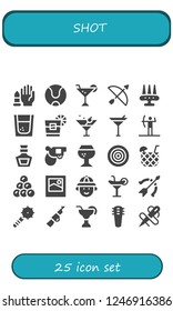 Vector icons pack of 25 filled shot icons. Simple modern icons about  - No weapons, Tennis ball, Cocktail, Archery, Weapon, Tequila, Whiskey, Martini, Pistol, Brandy, Dartboard