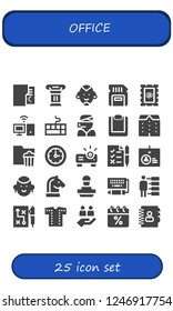 Vector icons pack of 25 filled office icons. Simple modern icons about  - Folder, Column, Man, Sd card, Stamp, Personal computer, Keyboard, Call center, Clipboard, Apartments