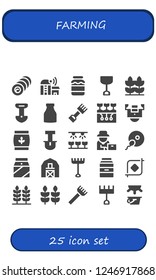 Vector icons pack of 25 filled farming icons. Simple modern icons about  - Bale, Farm, Milk, Shovel, Wheat, Rake, Farming, Field, Farmer, Fertilization, Barn, Crop