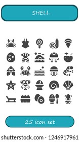 Vector icons pack of 25 filled shell icons. Simple modern icons about  - Crab, Swimsuit, Fried egg, Snail, Clam, Egg, Squid, Sea, Jellyfish, Coconut water, Hermit crab, Shrimp
