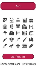 Vector icons pack of 25 filled gun icons. Simple modern icons about  - Pistol, Cowboy, Belly piercing, Death penalty, Nunchaku, Painting, Weapon, Pirate, Tank, Police line, Airbrush
