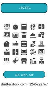 Vector icons pack of 25 filled hotel icons. Simple modern icons about  - Gambling, Canteen, Double bed, Bathrobe, Elevator, Safebox, Bed, Dinner, Hotel key, House, Swimming pool