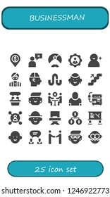 Vector icons pack of 25 filled businessman icons. Simple modern icons about  - Bank, Salesman, Man, User, Add user, Human, Stumbleupon, Avatar, Stairs, Presentation, Meeting, Welder