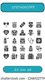 Vector icons pack of 25 filled stethoscope icons. Simple modern icons about  - Medicine, Bandage, Doctor, Health, Lab coat, Pharmacist, Surgeon, Stethoscope, Beats pill, Hospitalization