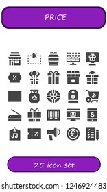 Vector icons pack of 25 filled price icons. Simple modern icons about  - Shop, Coupon, Gas, Online shop, Gift, Discount, Barcode, Price tag, Store, Scan, Label, Promotion, Pound