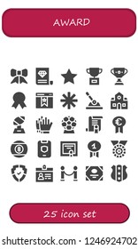 Vector icons pack of 25 filled award icons. Simple modern icons about  - Ribbon, Certificate, Star, Trophy, Quality, Bookmark, Control, School, Football gloves, Award, Prize, Billiard