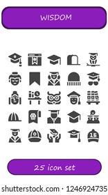 Vector icons pack of 25 filled wisdom icons. Simple modern icons about  - Mortarboard, Bookmark, Graduation, Cap, Wisdom, Buddha, Bookshelf, Owl, Graduated, Graduate, Graduates