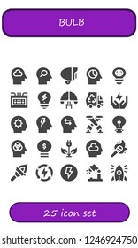 Vector icons pack of 25 filled bulb icons. Simple modern icons about  - Mind, Lamp, Bulb, Fuse box, Creativity, Brainstorming, Eco, Save energy, Inspiration, Spotlight, Idea, Lightbulb