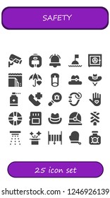 Vector icons pack of 25 filled safety icons. Simple modern icons about  - Cctv, Boxing helmet, Alarm, Buoy, Safe box, Landslide, Umbrella, Safety pin, Hat, Antiseptic, Emergency call