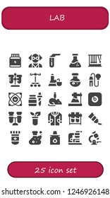 Vector icons pack of 25 filled lab icons. Simple modern icons about  - Protein, Mad scientist, Test tube, Flask, Momentum, Dropper, Science, Pipette, Molecules, Rat, Beats pill