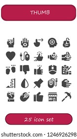 Vector icons pack of 25 filled thumb icons. Simple modern icons about  - Promise, Hand, Swipe right, Positive, Mouse, Like, Bandaged finger, Feet, Dislike, Test, Negative, Push pin