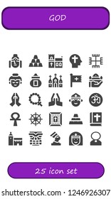 Vector icons pack of 25 filled god icons. Simple modern icons about  - Buddha, Ingot, Church, Faith, Gnosticism, Ossuary, Christian, Pray, Prayer, Rosary, Priest, Om, Ankh, Buddhism