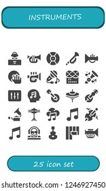 Vector icons pack of 25 filled instruments icons. Simple modern icons about  - DJ, Trumpet, Sing, Music, Banjo, Cymbals, Veena, Gramophone, Cello, Instrument, Wallpaper