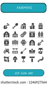 Vector icons pack of 25 filled farming icons. Simple modern icons about  - Shovel, Silo, Milk, Barn, Rake, Bale, Fertilizer, Wheat, Farmer, Tractor, Farm, Sow, Crop, Sickle