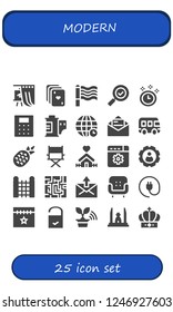 Vector icons pack of 25 filled modern icons. Simple modern icons about  - Gallery, Cards, Rainbow, Check mark, Time, Calculator, Film roll, World, Mail, Bus, Pineapple, Director